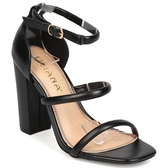 Liliana Square Toe Triple Strap Padded Minimalistic Stacked Chunky Buckled Heels - Picture 1 of 5